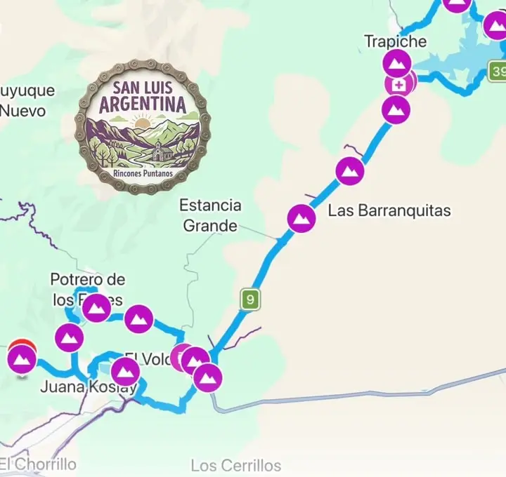 Mapa del recorrido del día 1 por Potrero de los Funes, El Volcán y El Trapiche