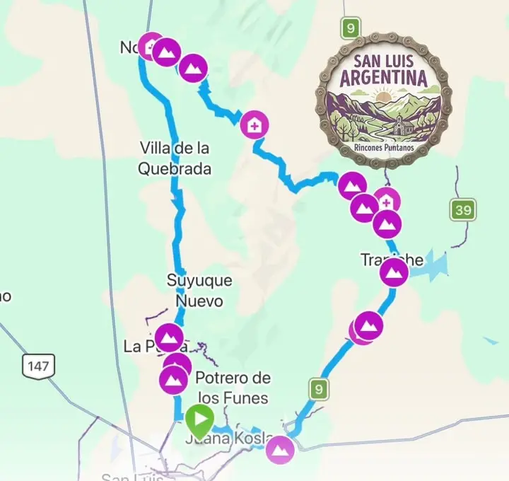 Mapa del recorrido del día 2 por La Punta, Villa de la Quebrada y el puerto de Nogolí