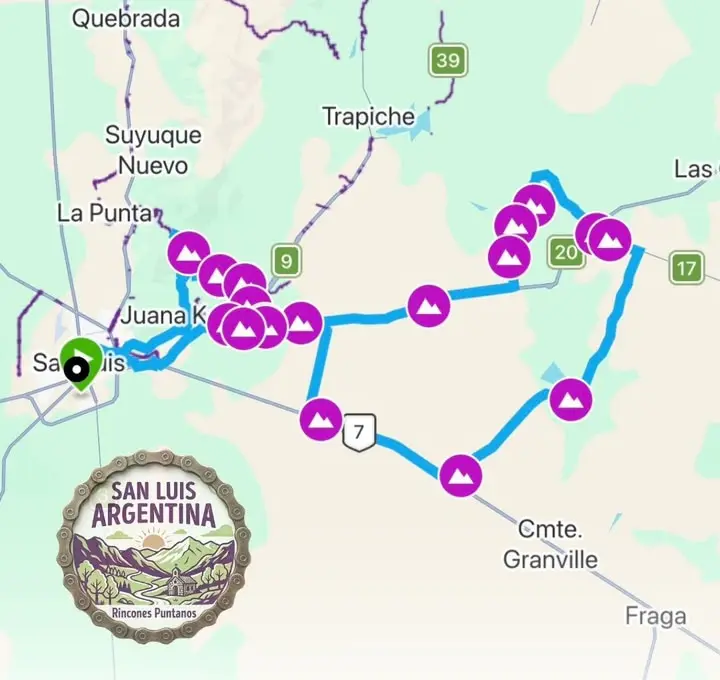 Mapa del recorrido del día 3 hacia Cuatro Esquinas y el Dique Saladillo